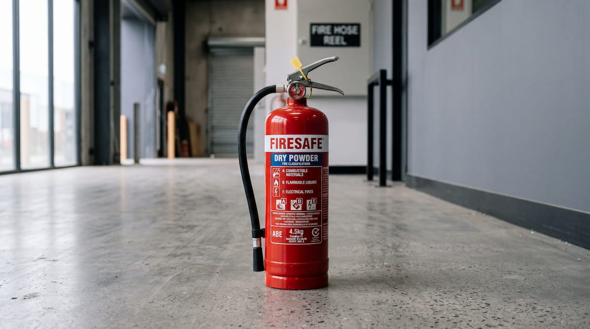 A red fire extinguisher standing on concrete ready for licensed disposal in Melbourne