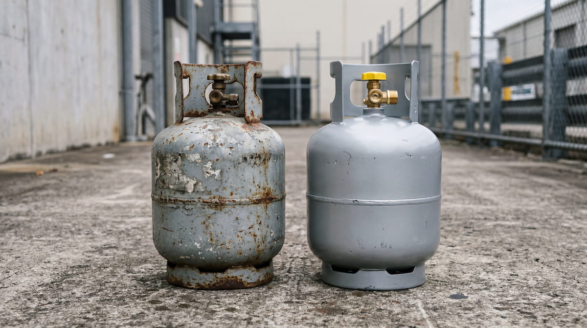 BBQ LPG gas bottles on concrete awaiting licensed disposal and recycling in Melbourne