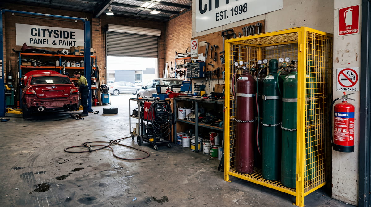 Welding gas cylinders in a safety cage at a Melbourne automotive workshop requiring licensed dangerous goods disposal