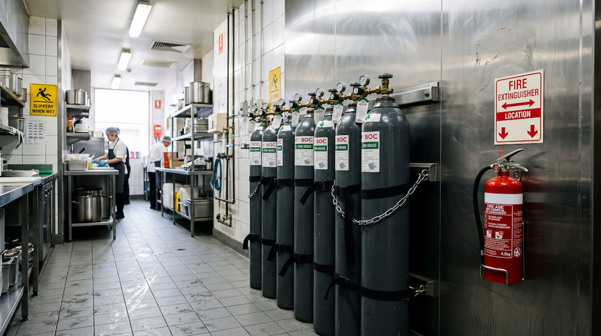 CO2 cylinders and fire extinguisher in a Melbourne commercial kitchen requiring compliant dangerous goods disposal