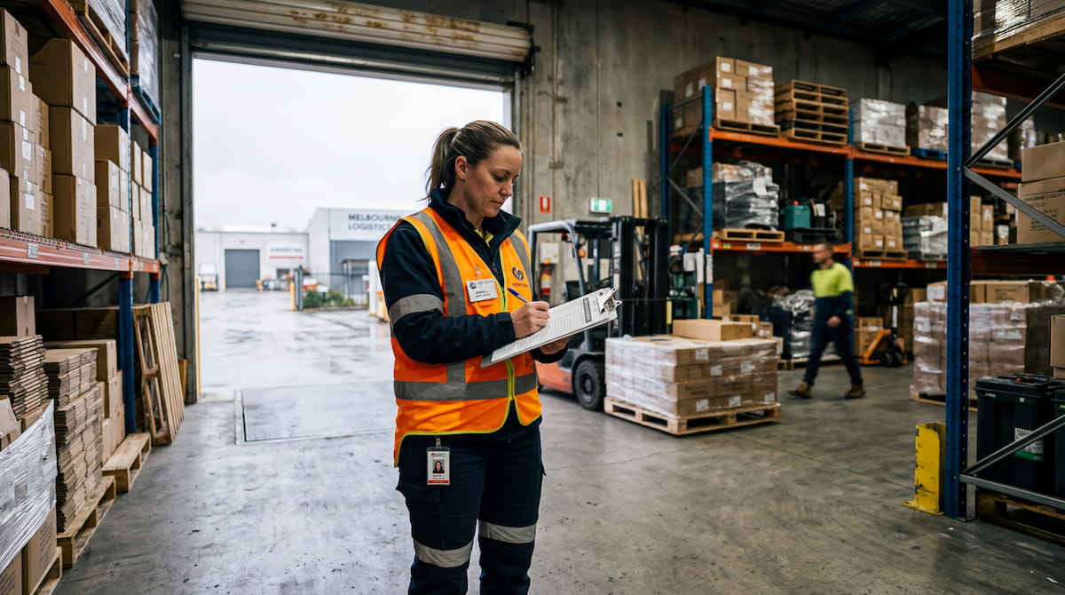 Safety officer reviewing dangerous goods regulations checklist at a Melbourne commercial warehouse
