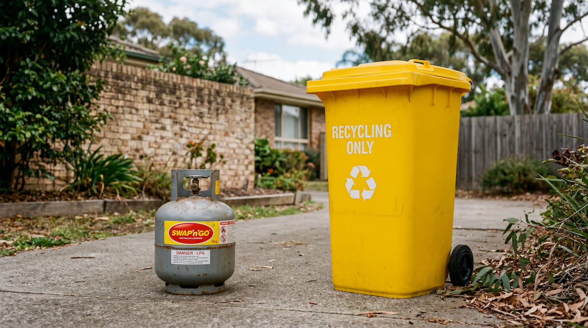 LPG gas bottle beside a yellow recycling bin showing gas cylinders cannot go in household recycling in Victoria