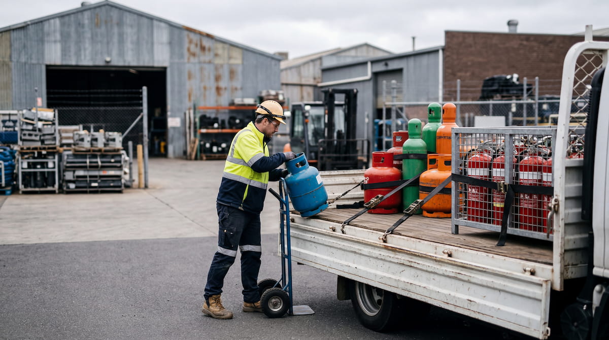 Hi-vis worker loading dangerous goods containers onto a flatbed vehicle for licensed collection in Melbourne