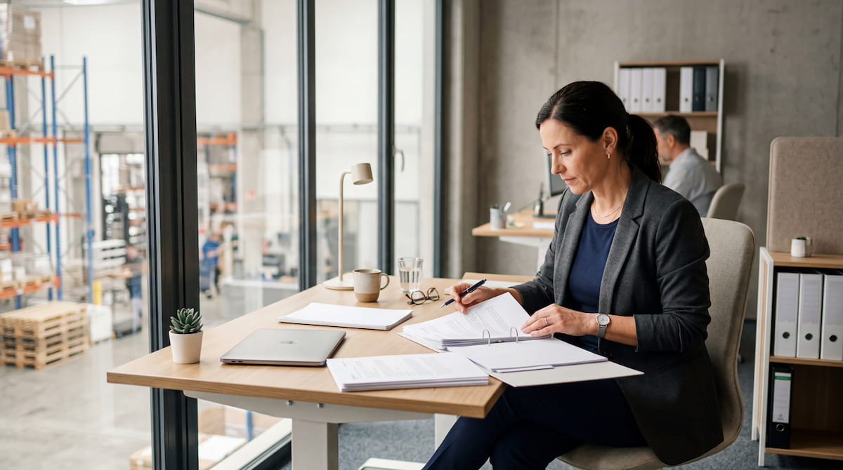 Business owner reviewing prescribed waste compliance documentation at a Melbourne commercial office